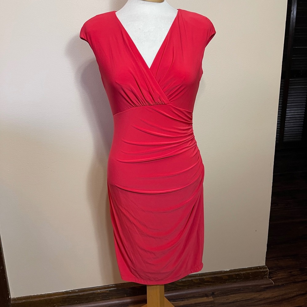 Lauren Ralph Lauren Coral Pink Ruched V-Neck Cap Sleeve Sheath Dress Size 4